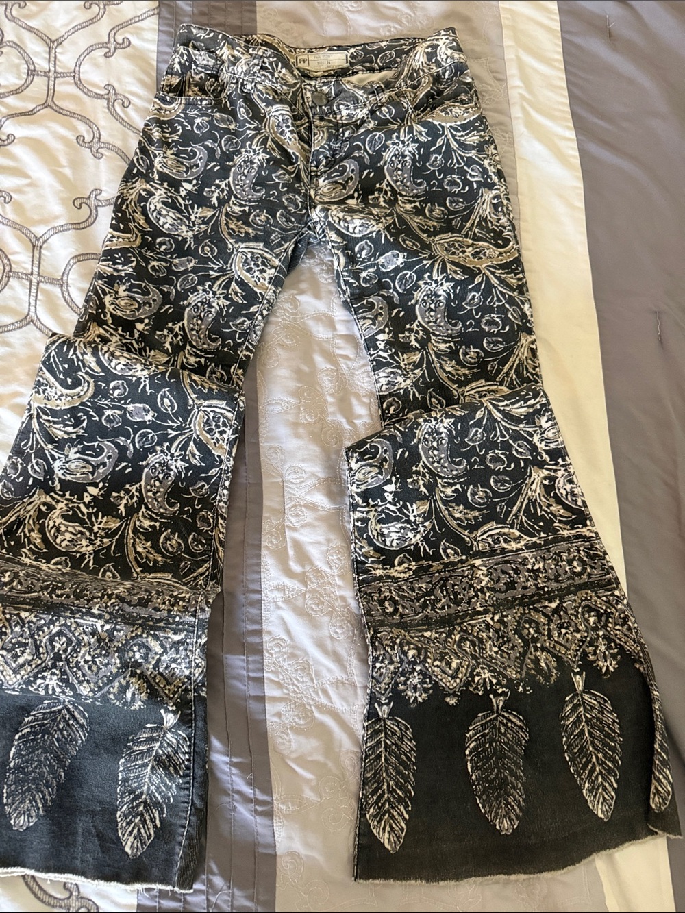 Free People Black and Cream Paisley Corduroy Flare Jeans